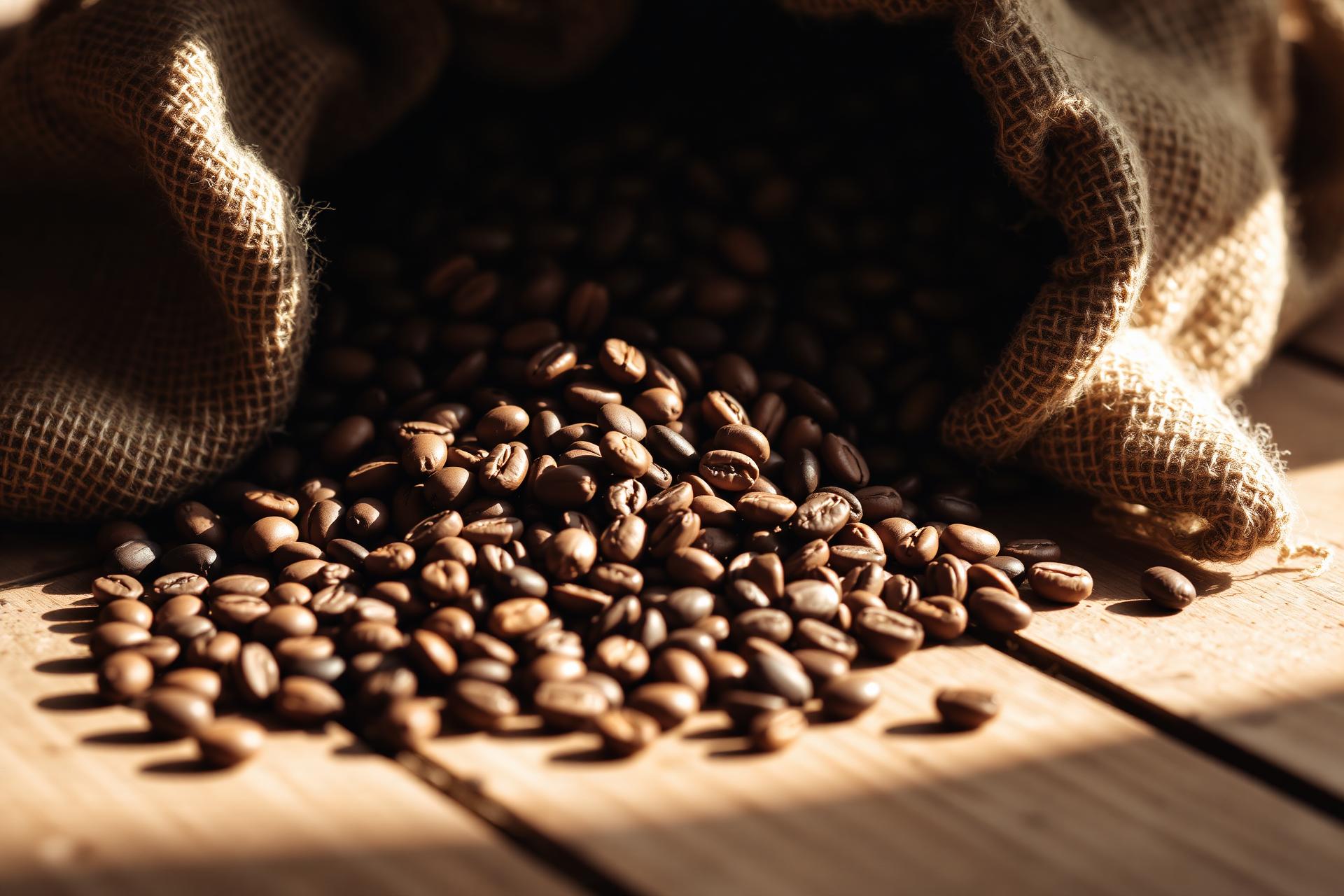 Freshly roasted coffee beans spilling from a burlap sack