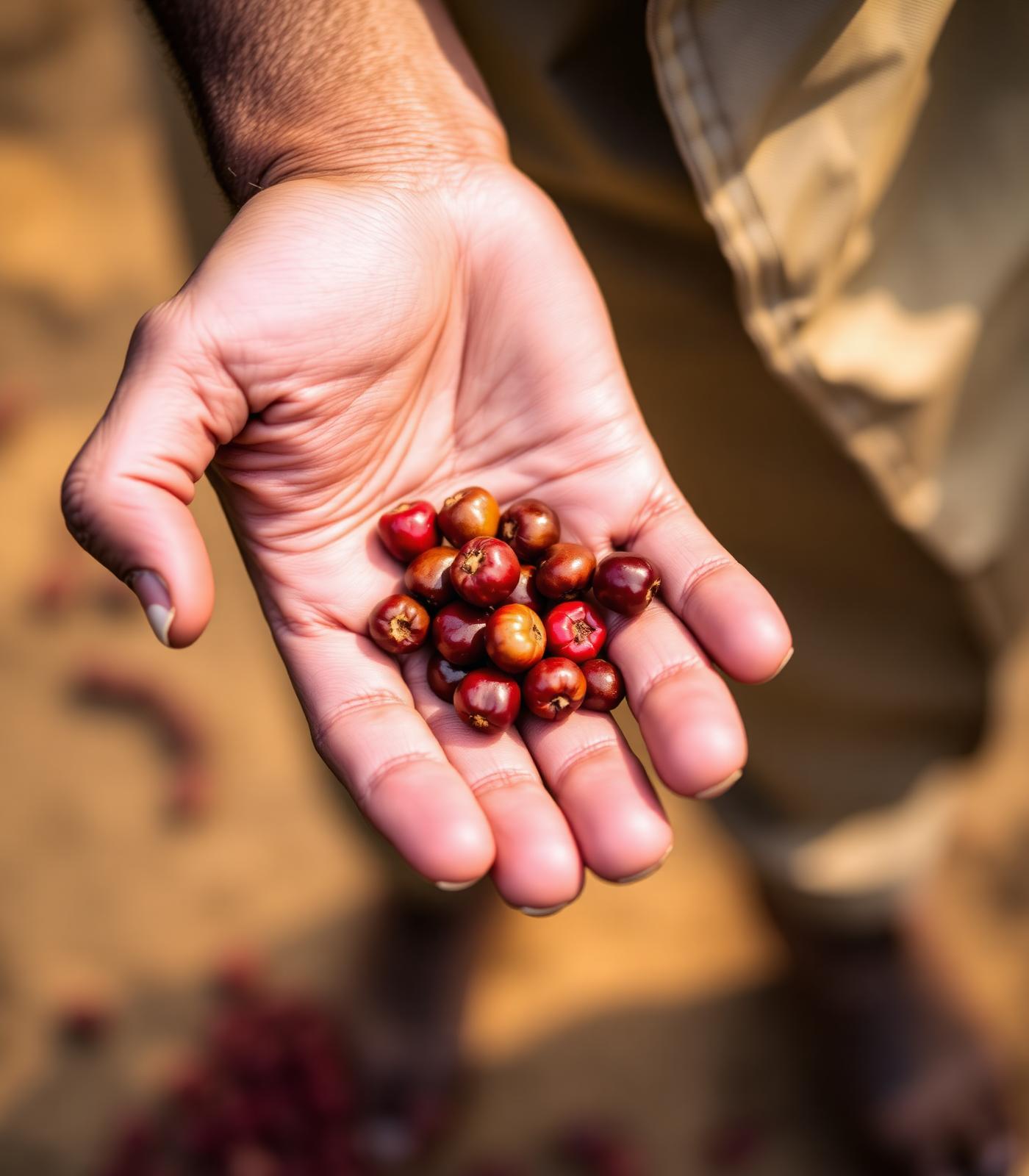 Hands holding freshly picked coffee cherries